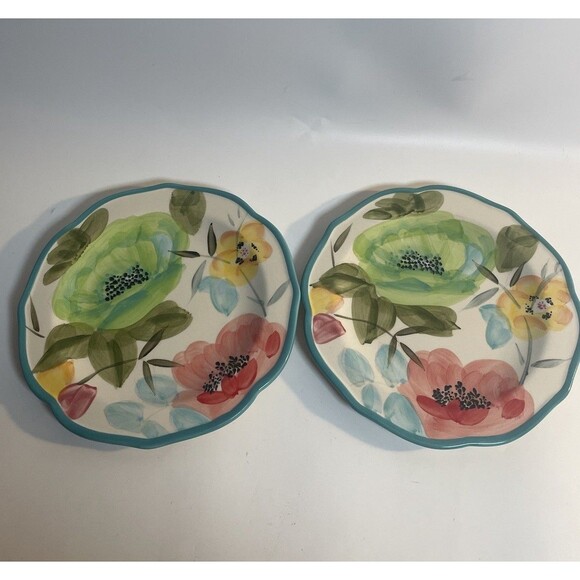 The Pioneer Woman Turquoise Floral Salad Plates 8.5” In Vintage Bloom Set of 2 - Picture 1 of 6